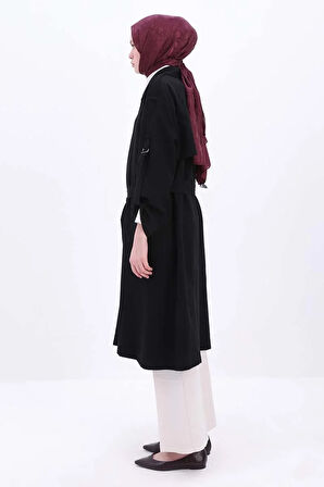 Siyah-Kolu Apoletli Düğmeli Trençkot