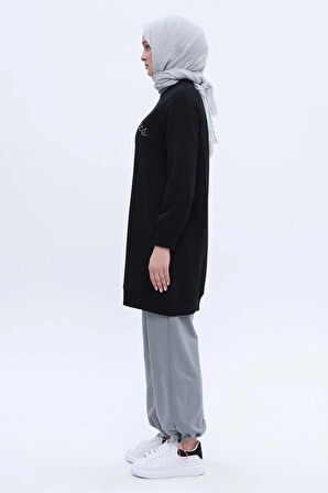 Siyah-Pamuklu Reglan Kol Zincir Nakışlı Sweat Tunik