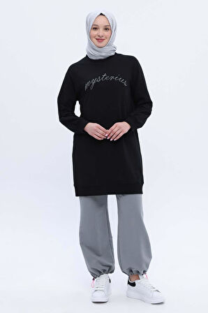 Siyah-Pamuklu Reglan Kol Zincir Nakışlı Sweat Tunik
