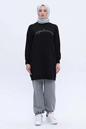 Siyah-Pamuklu Reglan Kol Zincir Nakışlı Sweat Tunik