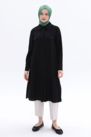 Siyah-Yırtmaçlı Keten Gömlek Tunik