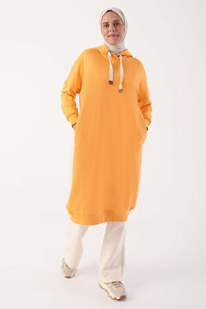 Turuncu-Kuşgözlü Kapüşonlu Cepli Sweat Tunik