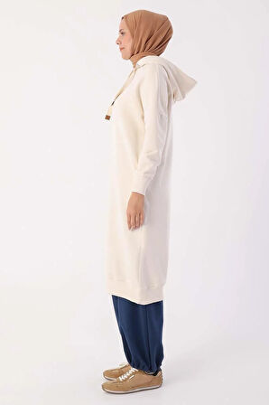 Ekru-Kuşgözlü Kapüşonlu Cepli Sweat Tunik