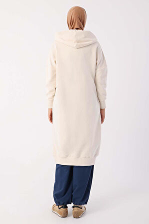 Ekru-Kuşgözlü Kapüşonlu Cepli Sweat Tunik