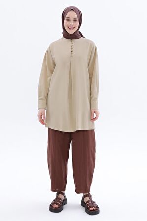 Allday 24Ds50257Al0 Yaka Biritli Keten Kadın Tunik