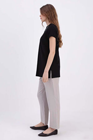 Siyah-Pamuklu Püskül Detaylı Kısa Kollu T-Shirt