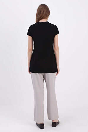 Siyah-Pamuklu Püskül Detaylı Kısa Kollu T-Shirt
