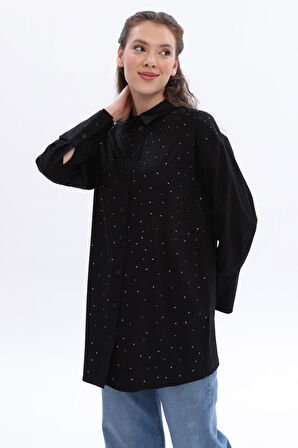 Siyah-Pamuklu Taşlı Gömlek Tunik