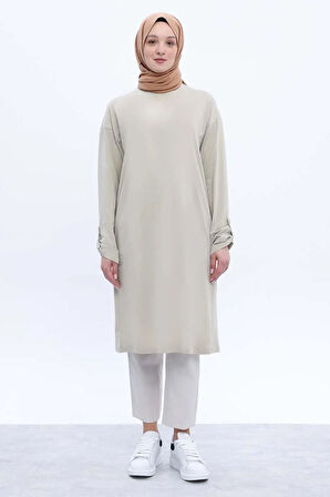 Defne-Pamuklu Arkadan Yırtmaçlı Apoletli Tunik