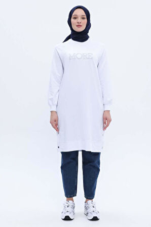 Beyaz-Pamuklu Nakışlı Sweat Tunik