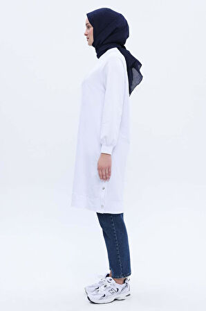 Beyaz-Pamuklu Nakışlı Sweat Tunik