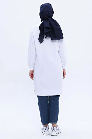 Beyaz-Pamuklu Nakışlı Sweat Tunik