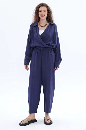 İndigo-%100 Pamuklu Cepli Müslin Pantolon