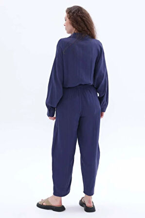 İndigo-%100 Pamuklu Cepli Müslin Pantolon