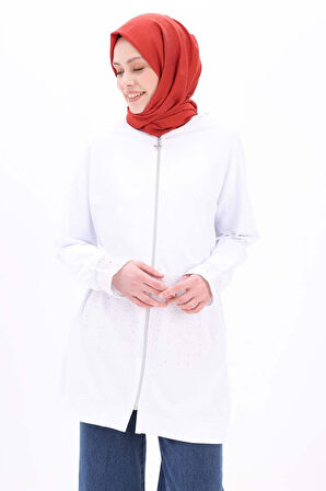 Beyaz-%100 Pamuklu Fisto Sweat Hırka
