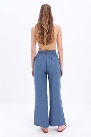 Mavi-Beli Lastikli Denim Pantolon