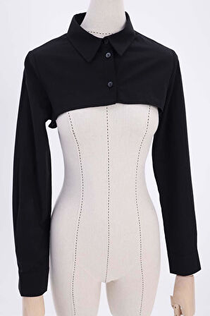 Siyah-%100 Pamuklu Gömlek Yaka Düğmeli Crop İçlik