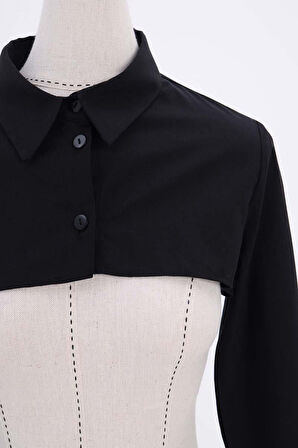 Siyah-%100 Pamuklu Gömlek Yaka Düğmeli Crop İçlik