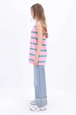 Pembe-Yeşil-Pamuklu Çizgili Sıfır Kollu Tunik