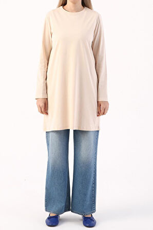 Bej-Basic Pamuklu Süprem Sweat Tunik