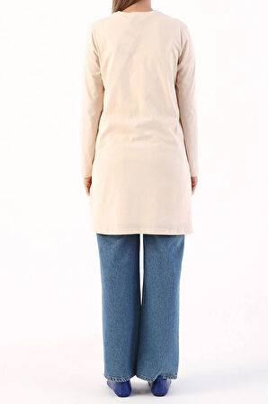 Bej-Basic Pamuklu Süprem Sweat Tunik