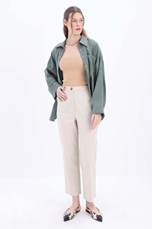 Açık Bej-Pamuklu Büyük Beden Kumaş Pantolon