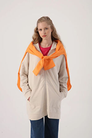 Açık Bej-Fermuarlı Sweat Hırka