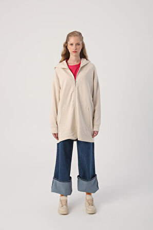 Açık Bej-Fermuarlı Sweat Hırka