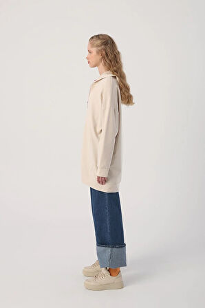 Açık Bej-Fermuarlı Sweat Hırka
