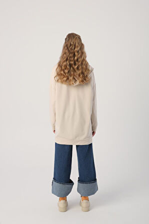 Açık Bej-Fermuarlı Sweat Hırka