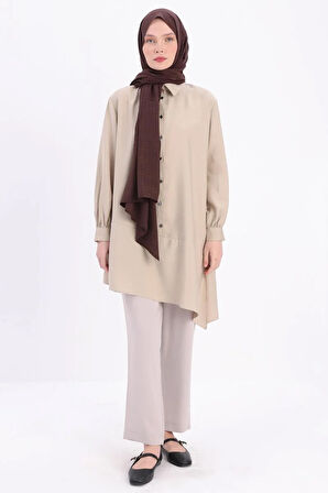 Defne-Eteği Asimetrik Yırtmaçlı Gömlek Yaka Tunik