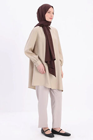 Defne-Eteği Asimetrik Yırtmaçlı Gömlek Yaka Tunik