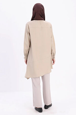 Defne-Eteği Asimetrik Yırtmaçlı Gömlek Yaka Tunik