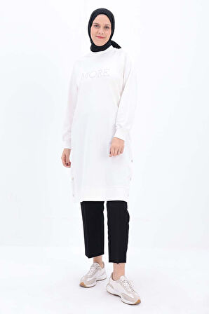 Ekru-Pamuklu Nakışlı Sweat Tunik