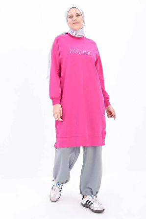 Fuşya-Pamuklu Nakışlı Sweat Tunik