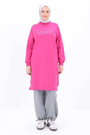Fuşya-Pamuklu Nakışlı Sweat Tunik