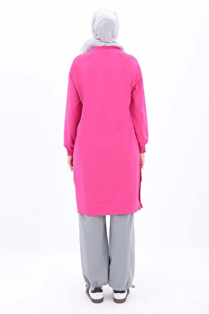 Fuşya-Pamuklu Nakışlı Sweat Tunik