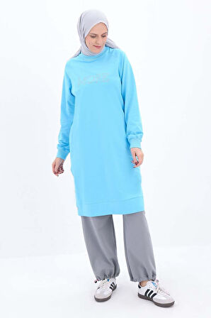 Turkuaz-Pamuklu Nakışlı Sweat Tunik