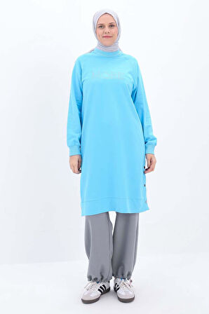 Turkuaz-Pamuklu Nakışlı Sweat Tunik