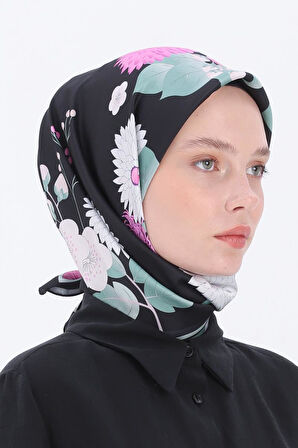 Siyah-Pembe-Desenli Twil Nora Eşarp