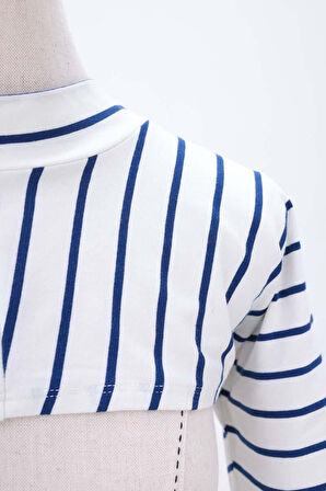 Ekru-Lacivert-Pamuklu Parmak Detaylı Çizgili Uzun Kollu Crop İçlik