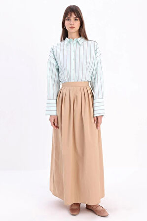 Koyu Bej-Beli Pileli Kloş Etek