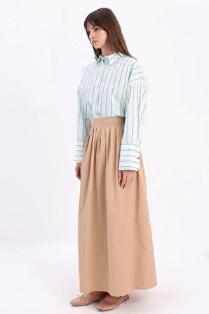 Koyu Bej-Beli Pileli Kloş Etek