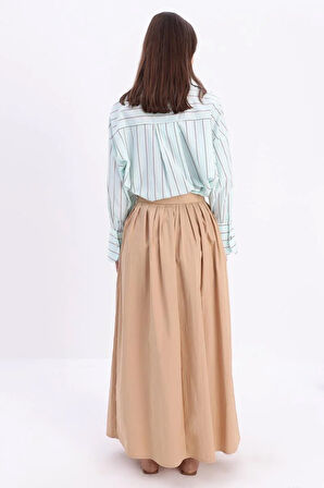 Koyu Bej-Beli Pileli Kloş Etek