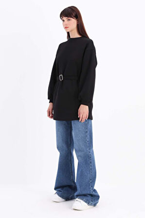 Siyah-Pamuklu Kuşaklı Sweat Tunik