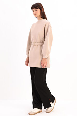 Bej-Pamuklu Kuşaklı Sweat Tunik