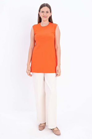 Turuncu-Pamuklu Fitilli Kolsuz T-Shirt