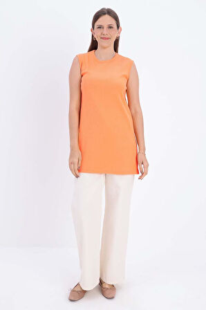 Açık Turuncu-Pamuklu Fitilli Kolsuz T-Shirt