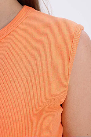 Açık Turuncu-Pamuklu Fitilli Kolsuz T-Shirt