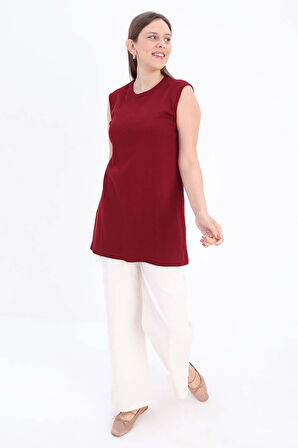 Bordo-Pamuklu Fitilli Kolsuz T-Shirt